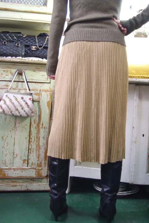 vintage magic pleats knit wool SKIRT (beige )