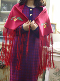 KENZO embroidery burgundy  fringe shawl 