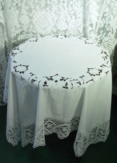 white  cotton Battenberg lace tablecloth 