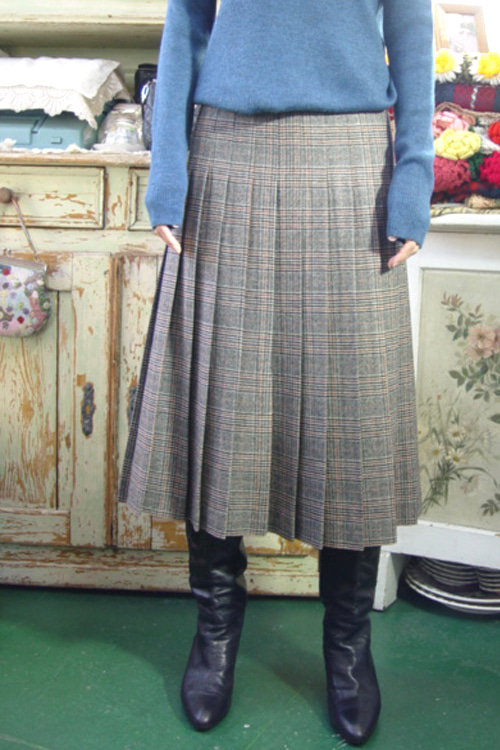 classic  check  vintage Wool pleats  skirt  (gray)
