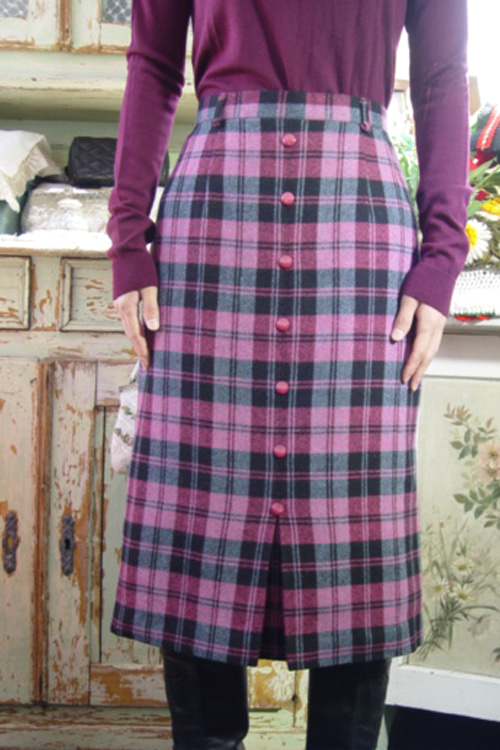 pink check wool vintage skirt