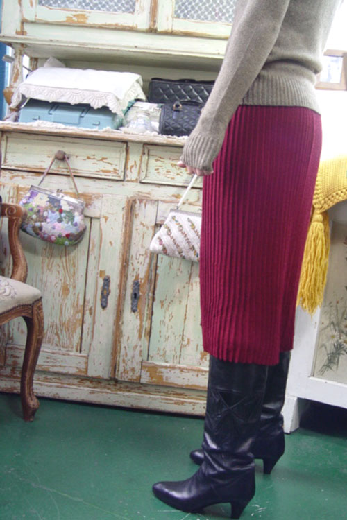 vintage magic pleats knit wool SKIRT (burgundy )
